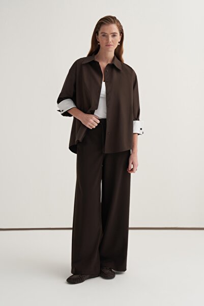 EBU Prive Cămașă de damă poplin cu manșete contrastante, maro amar