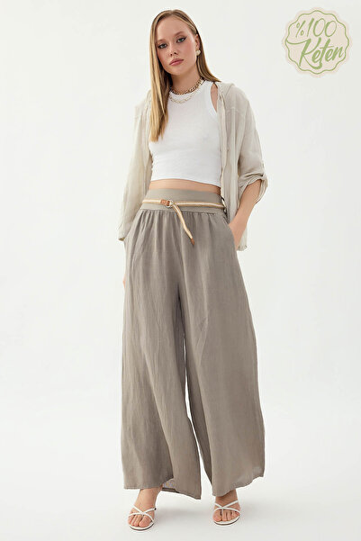 Vitrin 100% Linen Halat Belt Wide Leg Pants
