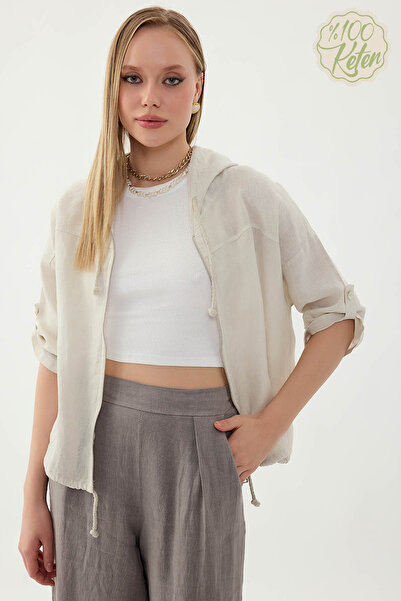 Vitrin سترة بسحّاب 100% كتان بغطاء رأس