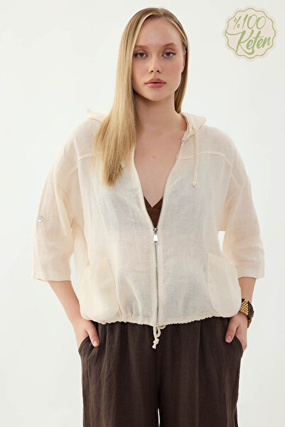 Vitrin سترة بسحّاب 100% كتان بغطاء رأس