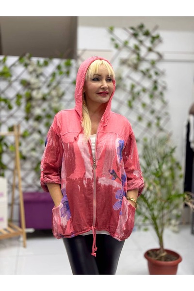 Punta Otantik Yg4810 Italian Zippered Hooded Jacket P Cotton Linen Jacket Coral