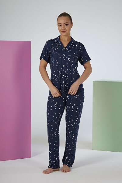 Estiva Women's Night Patterned Navy Blue Short Sleeve Button-Front Soft Pajam...