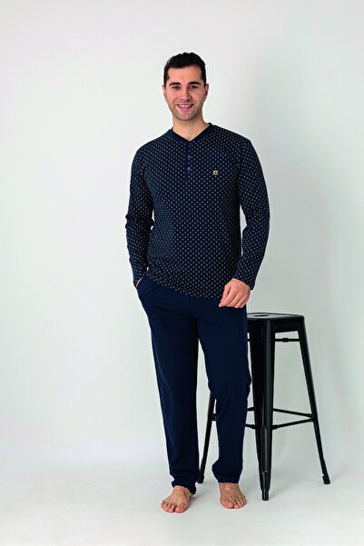 Estiva Men's Top Patterned Navy Blue Long Sleeve Plaid Combed Cotton Oversize...