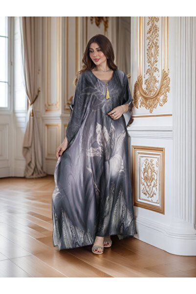 Finelook فستان ماكسي فاخر رمادي اللون بنقشة زهور - فستان سهرة محتشم فاخر، منا...