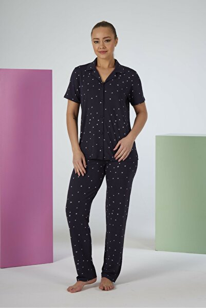 Estiva Women's Polka Dot Pcs Navy Blue Short Sleeve Button-Front Soft Pajama Set
