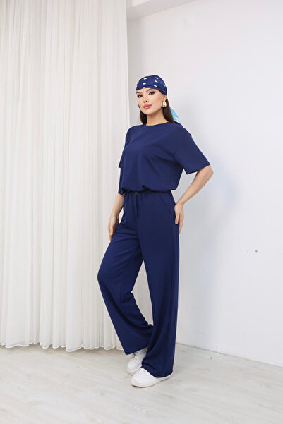 moda poni Women's Navy Blue Short Sleeve Top Wide-Leg Pants Double Set