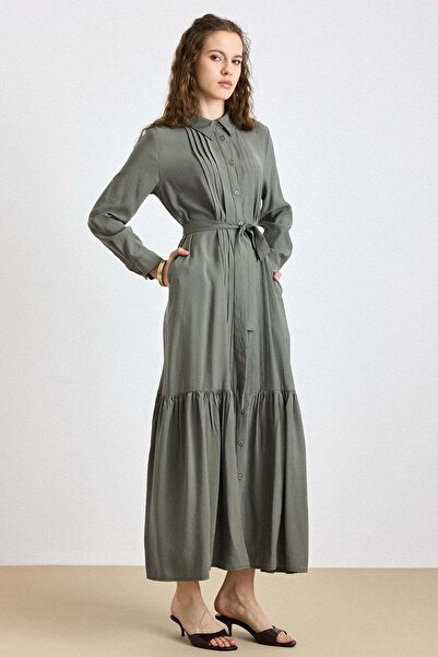 Olcay Ribbed Detailed Skirt with Ruffles Soft Fabric Dress Khaki 9441-E