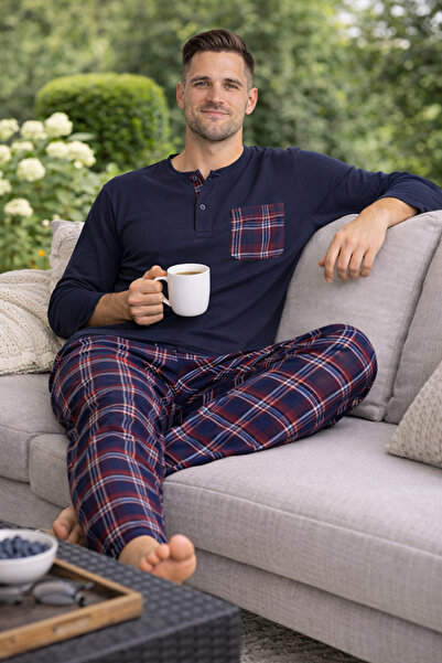 Hipnos %100 Pamuk Yumuşak Dokulu Uzun Kollu Rahat Kesim Ekose Erkek Pijama Ta...