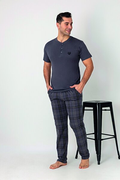 Estiva Men's Checked Alt Patterned Smoked Short Sleeve Pajama Set with Pocket...