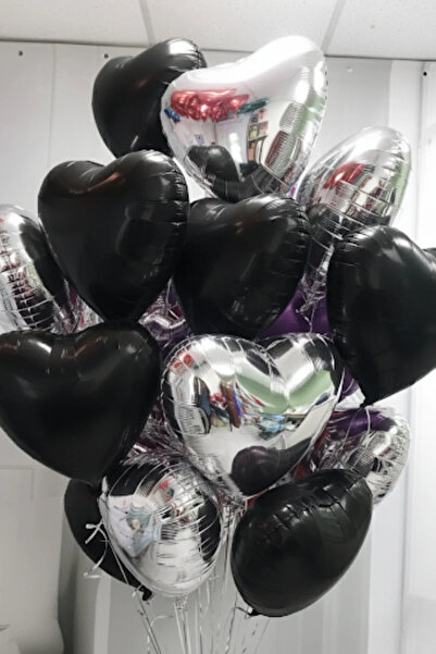 Parti Zamanı Siyah ve Gümüş Kalpli Folyo Balon Helyum 10 Adet Kalp Sevgili Sü...