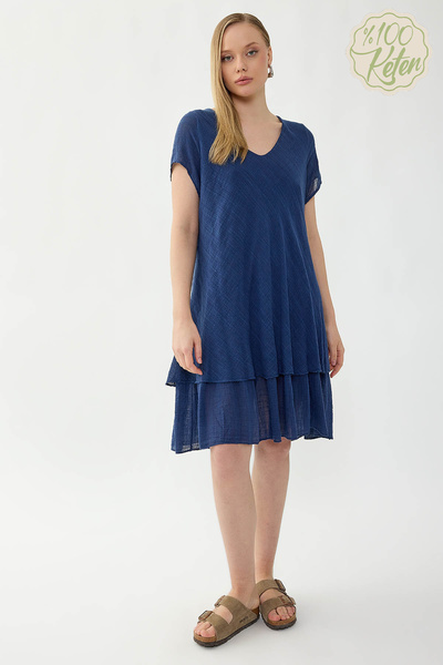 Vitrin 100% Linen V-Neck Short-Sleeved Dress