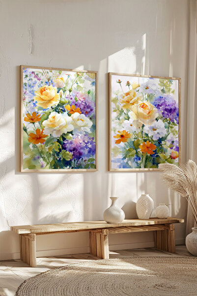 STARYUNA Set de pictură cu două piese în stil acuarelă, cu ramă din lemn, pen...