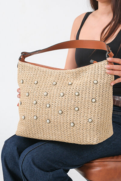 MARSEDO Γυναικείο χρυσό μαργαριταρένιο λεπτομερές πλεκτό από ψάθι O Τσάντα ώμ...