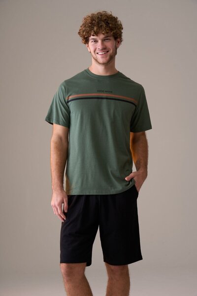 PİJAPİA Men's Short Sleeve 100% Cotton Plus Size Shorts Pajama Set Green