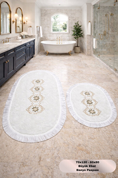 Modernsoft Lunvera Krem Püsküllü Oval Banyo Paspası Takımı Kaymaz Deri Tabanl...