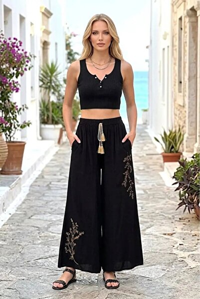 Cool & Sexy Γυναικείο Μαύρο Παντελόνι Με κέντημα Φαρδιά μπατζάκια