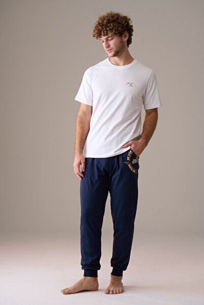 PİJAPİA Men's Short Sleeve 100% Cotton Elastic Cuffed Pajama Set White