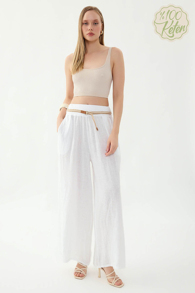 Vitrin 100% Linen Halat Belt Wide Leg Pants