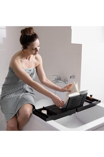 Navaris Extendable Bamboo Bathtub Tray, 75–108 cm, Serving Tray with Book, Ta...