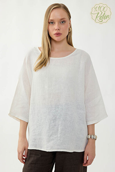 Vitrin 100% Linen Wide Neckline Oversized Short Sleeve Blouse
