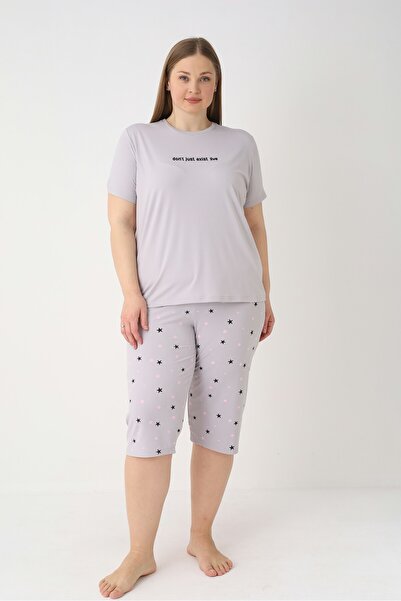 Estiva Women's Star Alt Patterned Gray Short Sleeve Capri Soft Battal Pajama Set