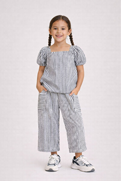 Victor and Jane Girls’ Woven 2-Piece Set – Striped Puff Sleeve Top & Wide-Leg...