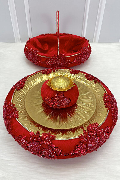 ZEYMERADE سلة تقديم الحناء الليلية مخمل مع تطريزات حمراء فاخرة، مجموعة العروس...