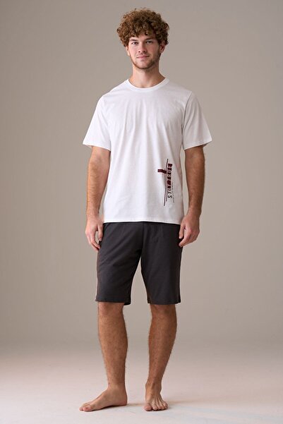 PİJAPİA طقم بيجامة رجالي بأكمام قصيرة 100% قطن قطن مع شورت باللون الأبيض