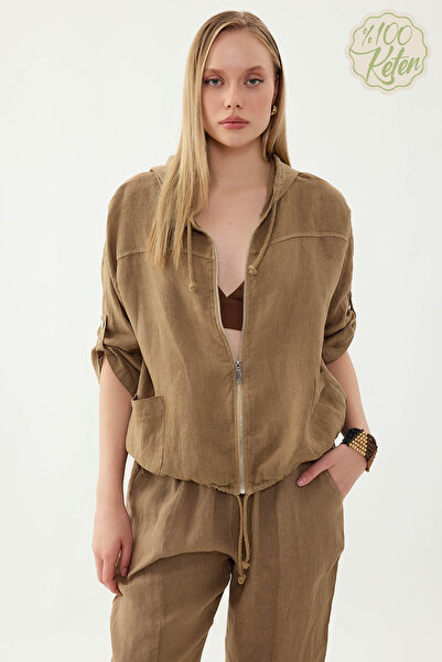 Vitrin سترة بسحّاب 100% كتان بغطاء رأس