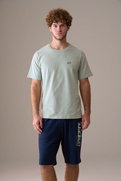 PİJAPİA Men's Short Sleeve 100% Cotton Shorts Pajama Set Mint