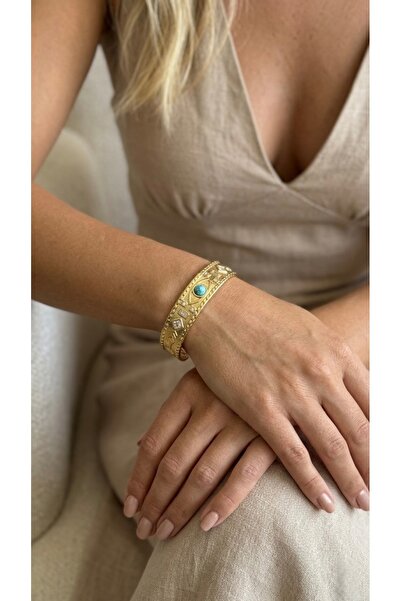 İNN JEWELLERY Steel Handcuff Bracelet 6.5 mm with Natural Stone Figure