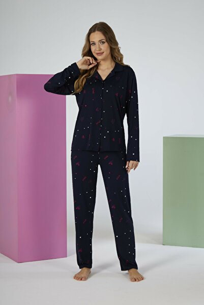 Estiva Women's Love Patterned Navy Blue Button-Front Soft Pajama Set