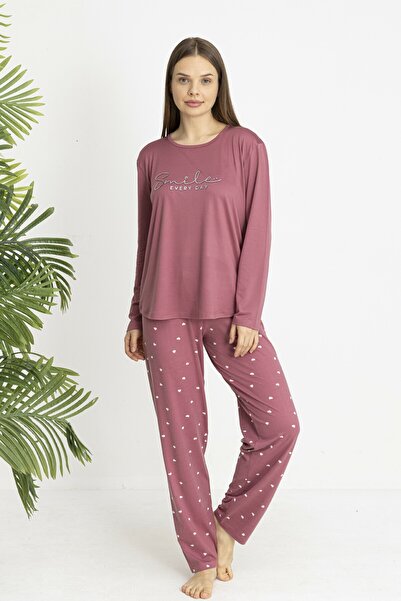 Estiva Women's Heart Bottom Patterned Soft Long Sleeve Pajama Set