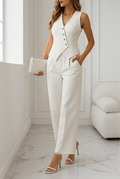 JANES Women's Zero Sleeve Cross V-Neck Front Buttoned Atlas Vest and Trousers...