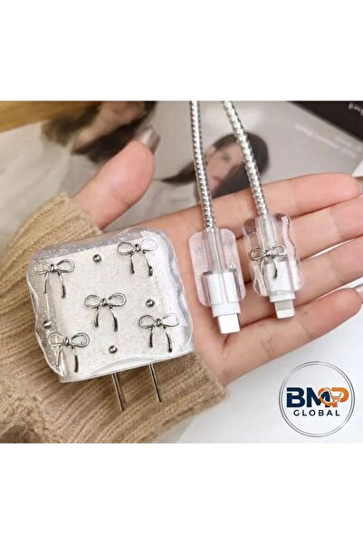 BMP MARKET Gray Ribbon Themed Stylish Phone Cable Protector Set 🖤 💖