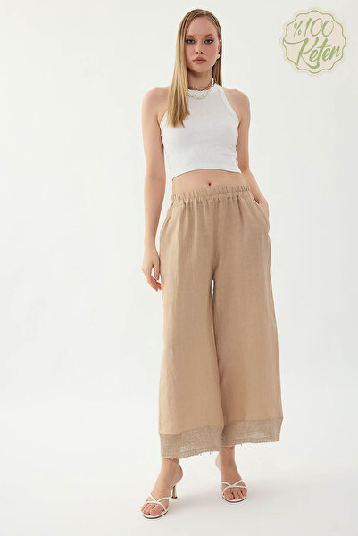 Vitrin 100% Linen Elastic Waist Mesh Trousers