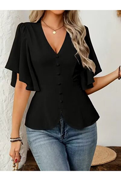 JANES Women's Short Sleeve Button-Front Imported Crepe Blouse