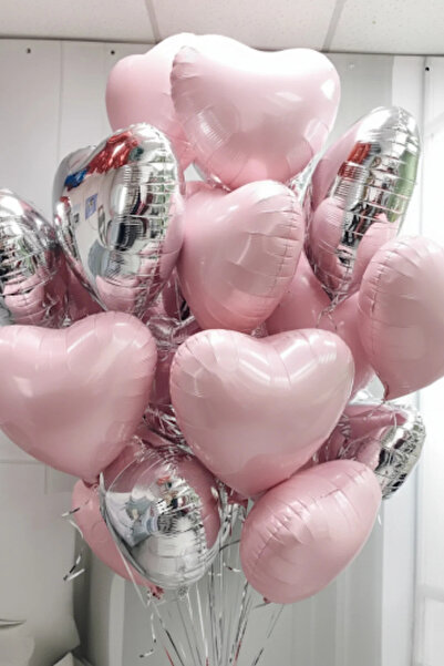 Parti Zamanı Pembe ve Gümüş Kalpli Folyo Balon Helyum 10 Adet Kalp Sevgili Sü...