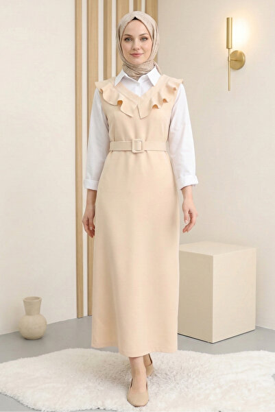 FERHEL Rochie lungă tip Jile pentru femei, cu decolteu în V, curea piese - Crem