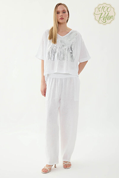 Vitrin 100% Linen Leggings Pleated Pocketed Pants