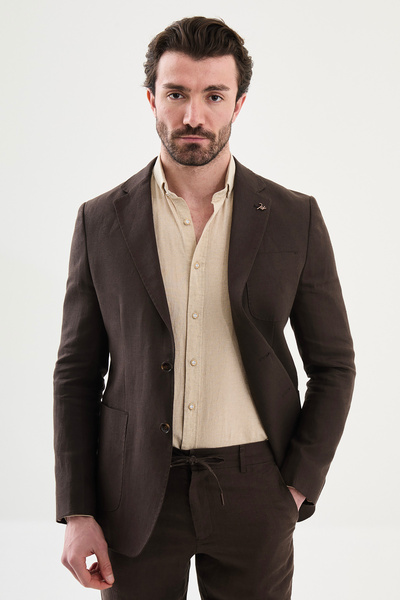 Mcr Plain Slim Fit Mono Collar Pocket 100% Linen Men's Jacket Brown - 41487.26Y