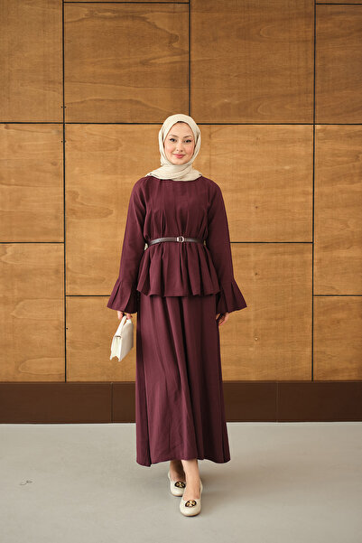 LOCCO Women's Pleated Belt Tie-Detail Skirt Suit Plum