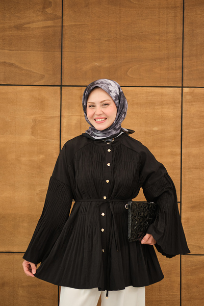 LOCCO Women's Martha Buttoned Waist Tie-Detail Shirt Black