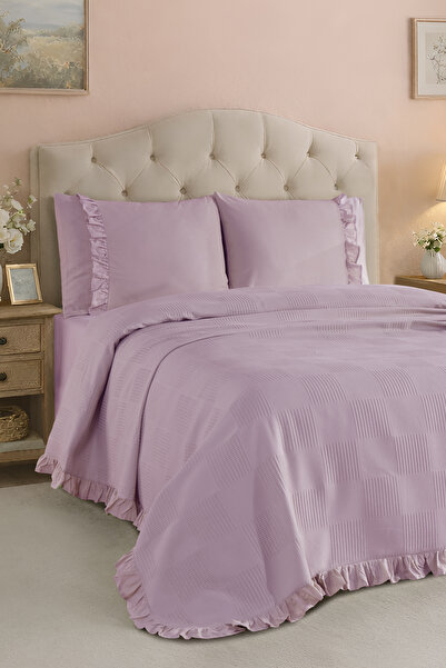 Enlora Home %100 Pamuk Fırfırlı Pike Seti Çift Kişilik Düz Renk Gülkurusu (3 ...