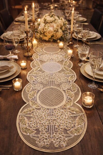 Esteks Dantel ve Tekstil Aksesuarları Gold Embroidered Luxury French Lace Run...