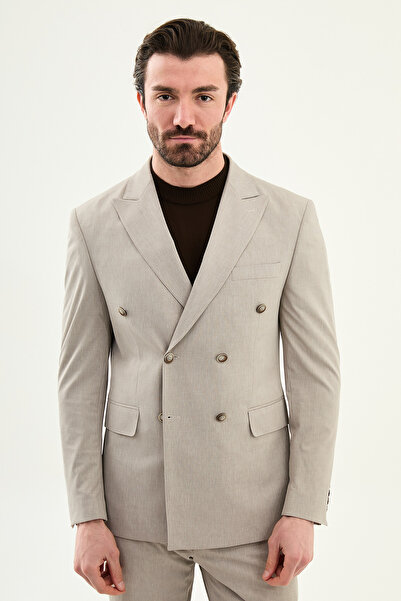 Mcr Patterned Slim Fit Wide Collar Double-Breasted Men's Suit Stone - 45439.26Y