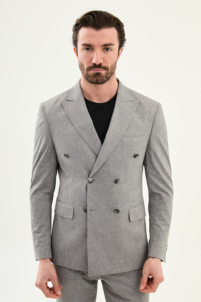 Mcr Patterned Slim Fit Wide Collar Double-Breasted Men's Suit Gray - 45439.26Y