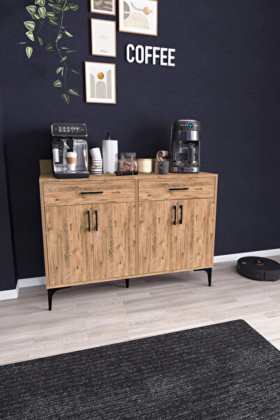 DEKORFİM DF14103 Kahve Köşesi Dolabı Çok Amaçlı Mutfak Konsolu Çekmeceli Kapaklı Mutfak Dolabı Coffee Bar