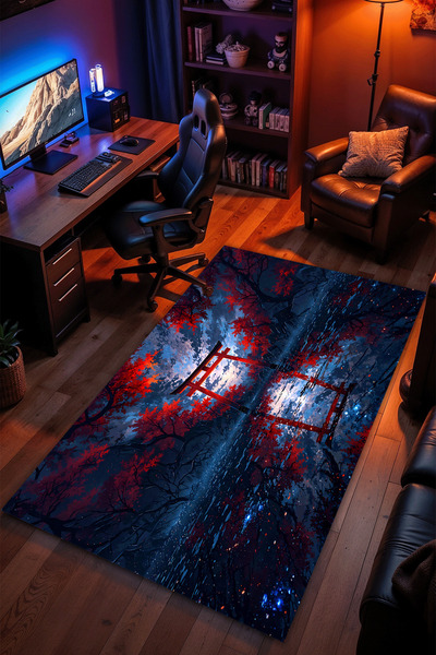 Red Forest Road Carpet – Non-Slip Floor Velvet Textured Machine Washable Gamer Young Room Carpet