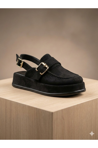 QUEEN Siyah Süet Çift Tokalı Önü Kapalı Kadın Sabo Terlik CHİBO